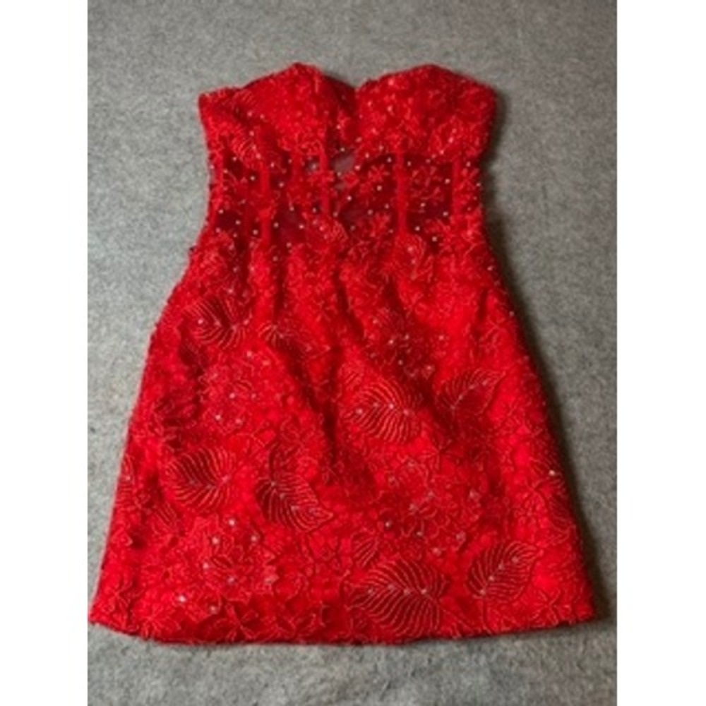 Anny Lee Red Lace Rhinestone Strapless Mini Dress XS Sweetheart Sheer Bodice